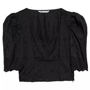 Zara Black Embroidered Puff Sleeve V Neck Crop Blouse Top